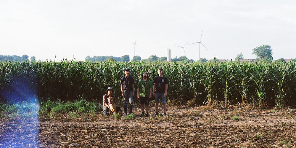 1971 guys in a cornfield with windmills in the background