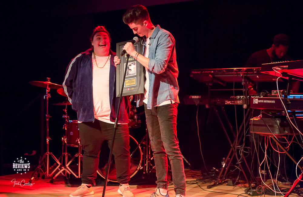 Elijah Woods and Jamie Fine April 2018 Toronto with their gold single plaque