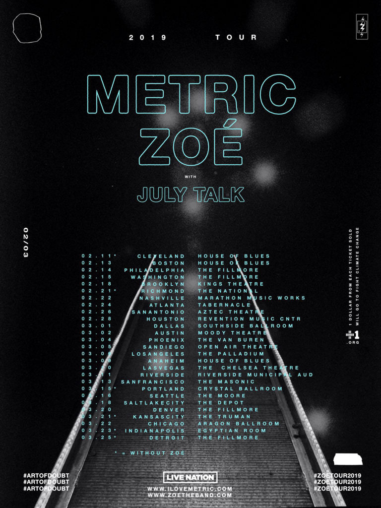 Metric, Zoe and July Talk 2019 US Tour Poster