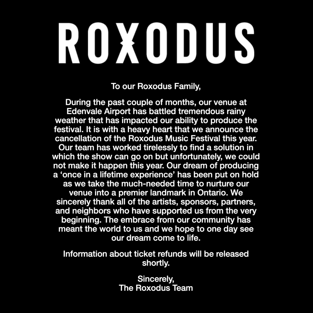Roxodus Music Fest Cancellation Screenshot - July 3 2019
