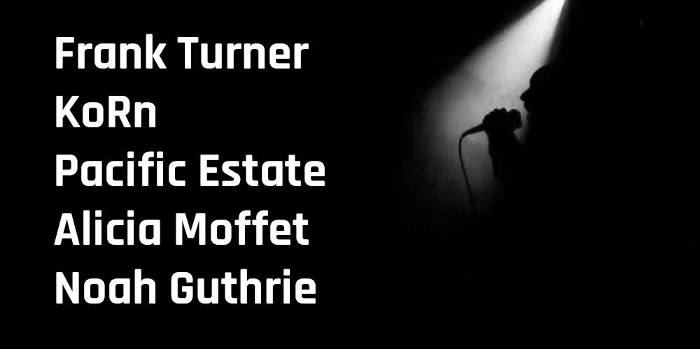 New Music Spotlight Frank Turner, KoRn, Pacific Estate, Alicia Moffet, and Noah Guthrie white silhouette on black background